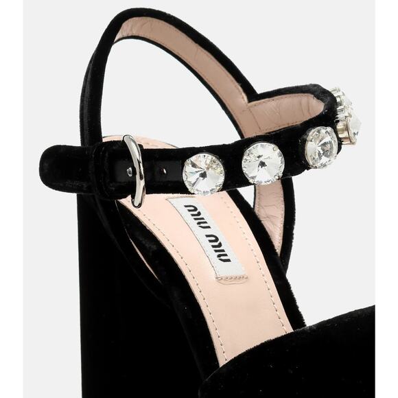 MIU MIU Embellished Velvet Platform Sandals - 36.5 (6.5) - Nero - Picture 4 of 6